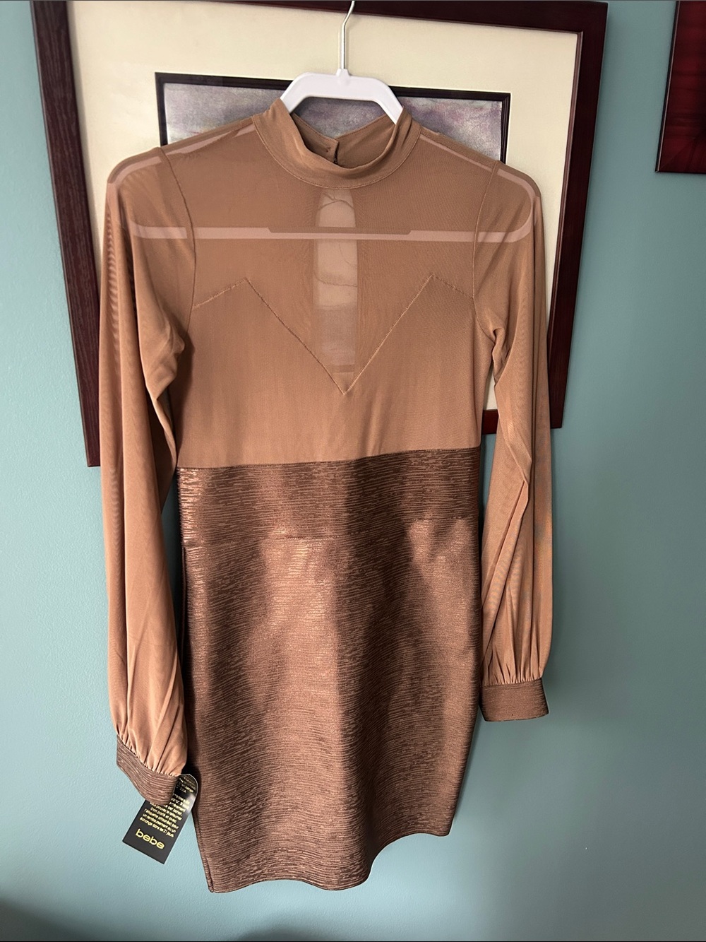 bebe Metallic Mocha Long-Sleeve Mock Neck Bandage Dress